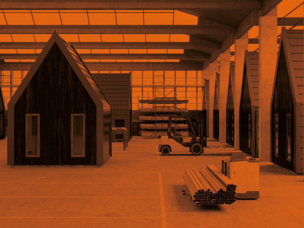 Interior Of Warehouse With Prefabricated Container Houses And Forklift Truck ORANGE